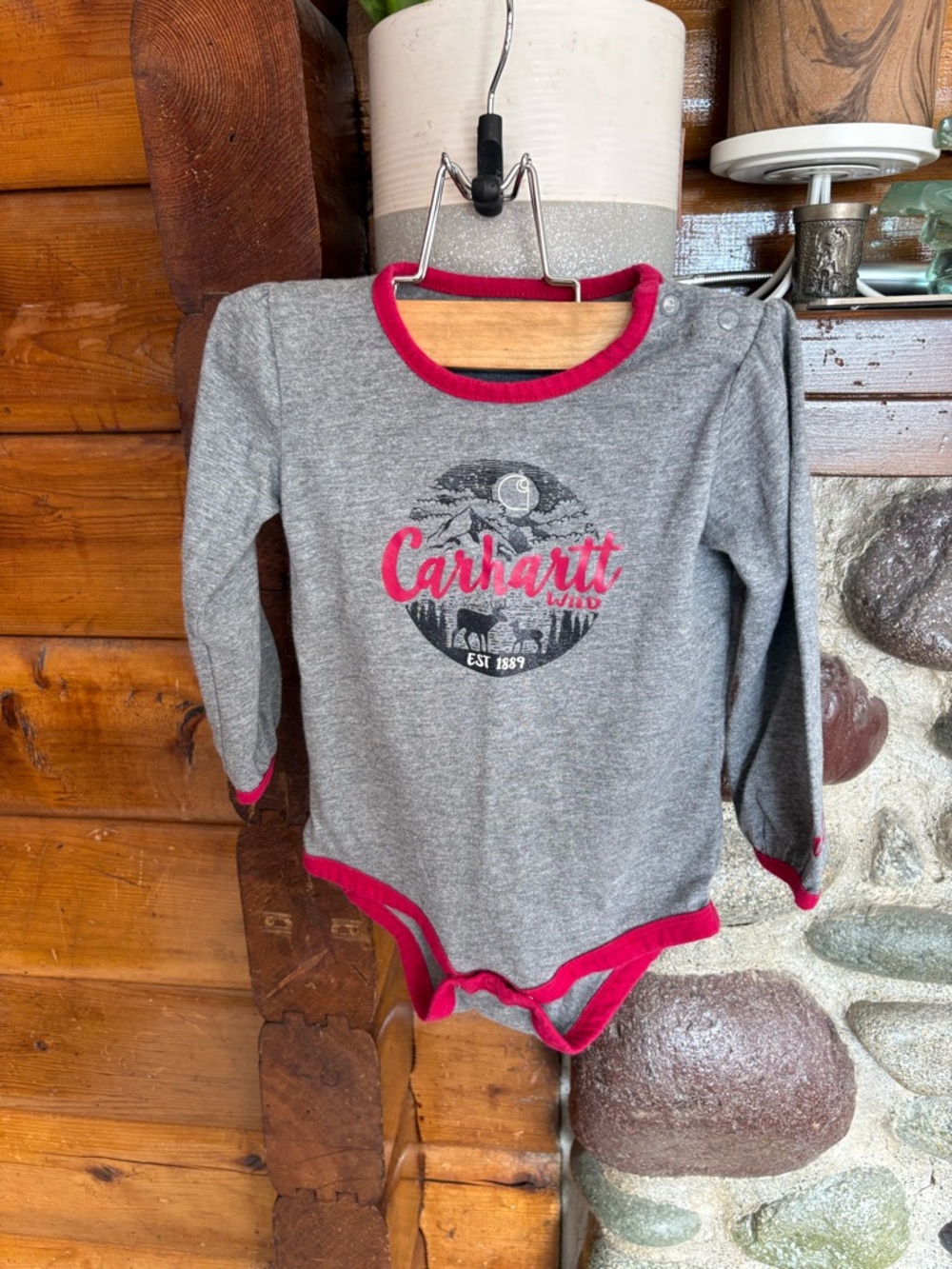3/$25 Carhartt Wild Deer Gray Bodysuit onesie with Pink Trim girls Baby 18m